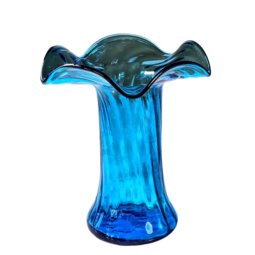 Vintage Hand Blown Blue Peacock Fluted Art Glass Vase Ruffled Edge MCM 7.5 in